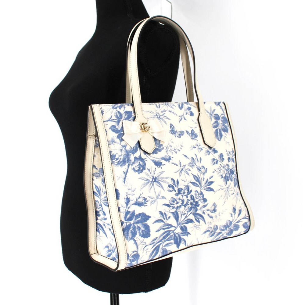 GUCCI Herbarium Ivory Blue Floral Butterfly Canvas Leather Large Tote Handbag - Picture 2 of 10